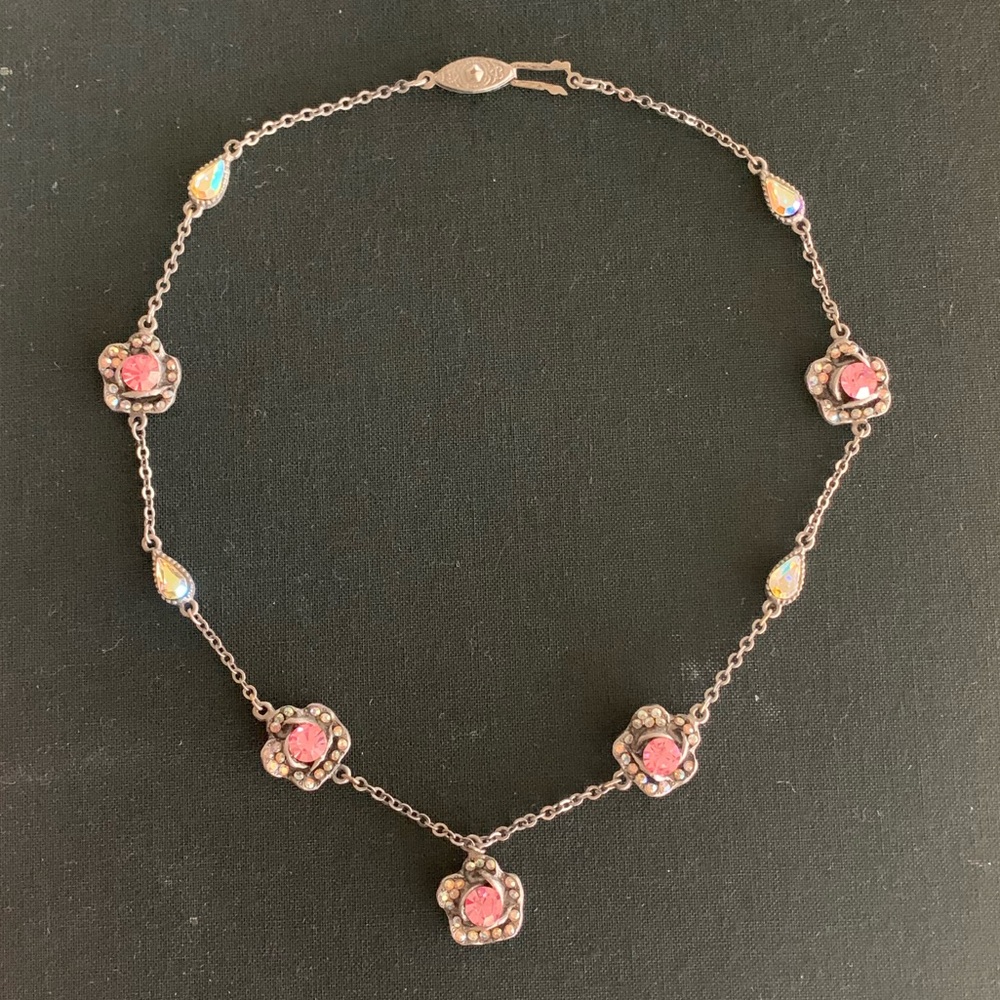 Pink rhinestone floral vintage-inspired necklace and drop earrings set